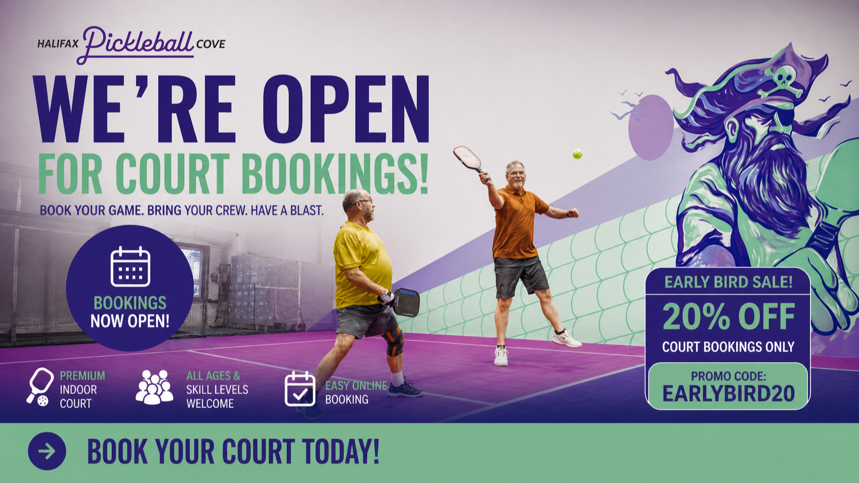 Early Bird Promo Code Flyer with image of two players playing pickleball and one of the men is jumping to hit the ball